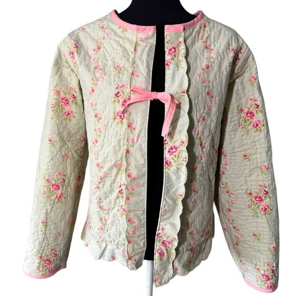 Handmade Quilted Jacket Upcycled Size M/L Repurposed Green Pink Floral Coquette - Picture 1 of 10
